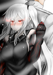Rule 34 | 1boy, 1girl, admiral (kancolle), aircraft carrier oni, back-to-back, black shirt, colored skin, crying, crying with eyes open, disappear, dress, glowing, glowing eyes, grey hair, highres, jewelry, kantai collection, konoshige (ryuun), long hair, military, military uniform, naval uniform, pale skin, red eyes, ring, sailor dress, shirt, side ponytail, sleeveless, tears, uniform, wedding band, white hair, white skin