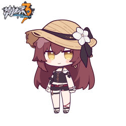 Rule 34 | 1girl, bare shoulders, black camisole, black footwear, black shorts, blush stickers, breasts, brown hair, brown hat, camisole, chibi, cleavage, closed mouth, copyright name, crop top, eden (honkai impact), eta, flower, full body, hair between eyes, hat, hat flower, honkai (series), honkai impact 3rd, looking at viewer, midriff, navel, sandals, short shorts, shorts, simple background, small breasts, smile, solo, standing, white background, white flower, yellow eyes