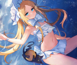 Rule 34 | 1girl, abigail williams (fate), abigail williams (swimsuit foreigner) (fate), abigail williams (swimsuit foreigner) (third ascension) (fate), absurdres, bare shoulders, bikini, black cat, blonde hair, blue eyes, blue sky, blush, bonnet, bow, breasts, cat, dezhouyou touguigui, fate/grand order, fate (series), forehead, hair bow, highres, long hair, miniskirt, navel, parted bangs, sidelocks, skirt, sky, small breasts, solo, swimsuit, twintails, very long hair, water, white bikini, white bow, white headwear