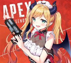 Rule 34 | 1girl, apex legends, ayamy, bat wings, blonde hair, bow, bowtie, breasts, cleavage, fang, green eyes, gun, holding, holding gun, holding weapon, hololive, horns, long hair, looking at viewer, medium breasts, open mouth, pointy ears, red background, red bow, red bowtie, see-through, see-through cleavage, skin fang, smile, solo, twintails, upper body, virtual youtuber, weapon, wings, yuzuki choco, yuzuki choco (maid)