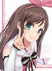 Rule 34 | 1girl, aqua eyes, bare shoulders, bow, bowtie, breasts, brown hair, closed mouth, collarbone, detached sleeves, eyebrows, eyelashes, hairband, hand up, heart, highres, kizuna ai, kizuna ai inc., lace, lace-trimmed sleeves, lace trim, lips, long hair, long sleeves, looking at viewer, medium breasts, multicolored hair, pink hair, pink hairband, pink lips, pink ribbon, ribbon, sailor collar, school uniform, serafuku, shirt, sleeveless, sleeveless shirt, sleeves past wrists, smile, solo, soranaka ame, star (symbol), straight hair, streaked hair, striped bow, striped bowtie, striped clothes, striped neckwear, two-tone hair, upper body, v, virtual youtuber, white sailor collar