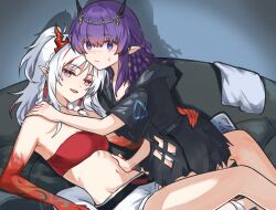 Rule 34 | 2girls, arknights, bandeau, bare shoulders, black dress, commentary request, dress, feet out of frame, half updo, highres, horns, lava (arknights), lava the purgatory (arknights), long hair, looking at viewer, mabing, midriff, multiple girls, navel, nian (arknights), panties, pointy ears, purple eyes, purple hair, short shorts, short sleeves, shorts, stomach, strapless, thighs, tube top, underwear, white hair, white panties, white shorts, yuri