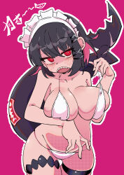 1girl absurdres bikini black_hair black_tail blush breasts buzzlyears collarbone ellen_joe fins fish_tail highres large_breasts maid_headdress multicolored_hair partially_shaded_face pink_background pink_hair ringed_eyes scar scar_on_tail shark_girl shark_tail sharp_teeth short_hair simple_background swimsuit tail teeth two-tone_hair white_bikini zenless_zone_zero