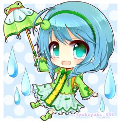 Rule 34 | 1girl, :d, aqua eyes, backpack, bag, blue background, blue hair, blush, boots, bow, bowtie, braid, chibi, commentary request, dress, frilled sleeves, frills, frog, full body, green bow, green bowtie, green dress, green footwear, green hairband, green umbrella, hair between eyes, hairband, holding, holding umbrella, long sleeves, looking at viewer, low twintails, open mouth, outstretched arm, polka dot, polka dot background, rubber boots, shironeko project, smile, solo, tsuyuha (shironeko project), twin braids, twintails, twitter username, umbrella, water drop, wide sleeves, yukiyuki 441