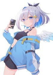 Rule 34 | 1girl, absurdres, amane kanata, black shorts, blue eyes, blue hair, blue jacket, blue nails, blush, breasts, colored inner hair, commentary request, crop top, eyes visible through hair, hair between eyes, hair ornament, hair ribbon, highres, holding, holding wallet, hololive, jacket, long hair, long sleeves, midriff, multicolored hair, nail polish, navel, open clothes, open jacket, parted lips, pink hair, quarterlift, ribbon, short hair, short shorts, shorts, silver hair, solo, star (symbol), star hair ornament, streaked hair, virtual youtuber, wallet