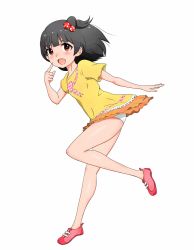 Rule 34 | 1girl, :d, black hair, blush, brown eyes, hair bobbles, hair ornament, highres, hydrangia, idolmaster, idolmaster million live!, nakatani iku, one side up, open mouth, orange skirt, panties, pink footwear, pointing, pointing at self, shirt, shoes, short hair, short sleeves, side ponytail, simple background, skirt, smile, solo, standing, standing on one leg, underwear, white background, white panties, yellow shirt