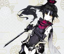 Rule 34 | 1girl, android, bare shoulders, black gloves, black hair, black leotard, breasts, closed mouth, colored skin, covered navel, cowboy shot, dutch angle, elbow gloves, eyebrows, facing viewer, fate/grand order, fate (series), floral background, flower, frown, gloves, hair ribbon, high ponytail, holding, holding sword, holding weapon, joints, katou danzou (fate), kusakanmuri, leaf, legs apart, leotard, long hair, looking away, looking to the side, medium breasts, no nose, parted bangs, pink ribbon, pink scarf, ribbon, robot joints, scarf, silver background, solo, standing, sword, weapon, white skin, yellow eyes