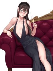Rule 34 | 1girl, alcohol, alternate costume, black dress, black hairband, breasts, champagne flute, commentary request, couch, cup, dress, drinking glass, glasses, green eyes, hair between eyes, hairband, halter dress, halterneck, highres, holding, holding cup, kantai collection, long hair, looking at viewer, ooyodo (kancolle), side slit, simple background, sitting, small breasts, solo, white background, yuuji (and)