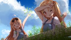 Rule 34 | 2girls, ahoge, ame., arm up, azur lane, backlighting, blonde hair, blush, breasts, cleveland (azur lane), cloud, cloudy sky, columbia (azur lane), commentary, day, eyewear on head, fence, from below, hair between eyes, long hair, multiple girls, one eye closed, one side up, open mouth, outdoors, overalls, red eyes, sky, small breasts, smile, sunglasses, sweat, upper body, weeding, wiping sweat