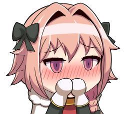 Rule 34 | 1boy, astolfo (fate), black bow, blush, bow, braid, cape, chibi, chinese text, covering own mouth, dyxm, fate (series), fur-trimmed cape, fur trim, gloves, hair bow, hair intakes, long hair, male focus, no nose, pink eyes, pink hair, single braid, solo, trap, white background, white gloves