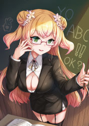 Rule 34 | 1girl, alternate costume, bespectacled, black skirt, black thighhighs, blazer, blonde hair, bolo tie, breasts, chalkboard, classroom, cleavage, collared shirt, cowboy shot, dincat, double bun, flower, from above, garter straps, glasses, gradient hair, green eyes, hair bun, hair flower, hair ornament, hololive, jacket, long sleeves, looking at viewer, medium breasts, momosuzu nene, multicolored hair, open mouth, partially unbuttoned, pencil skirt, pink hair, pointer, red-framed eyewear, shirt, skirt, smile, solo, teacher, thighhighs, two side up, virtual youtuber, wing collar