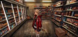 Rule 34 | 1girl, alcohol, arms at sides, black skirt, blush, bottle, box, brown eyes, brown hair, cardboard box, concrete, convenience store, ear piercing, fluorescent lamp, grey hair, highres, holding, holding bottle, hood, hood down, hooded jacket, indoors, jacket, jewelry, kirin (company), light brown hair, light smile, liquor, lm7 (op-center), long hair, long sleeves, looking at viewer, miniskirt, necklace, original, over-kneehighs, patch, pentagram, piercing, pringles, red bull, red jacket, refrigerator, shelf, shop, skirt, solo, standing, tequila, thighhighs, white thighhighs, yellow eyes, zettai ryouiki