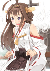 Rule 34 | 10s, 1girl, ahoge, bare shoulders, brown hair, detached sleeves, double bun, hair ornament, hairband, headgear, japanese clothes, kantai collection, kongou (kancolle), long hair, miri (ago550421), nontraditional miko, open mouth, personification, skirt, smile