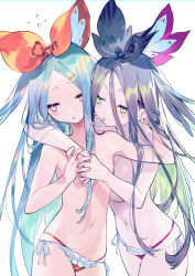 Rule 34 | 2girls, aqua hair, bikini, bikini bottom only, blue eyes, blue hair, bow, breasts, bukurote, colored inner hair, commentary request, flat chest, frilled bikini, frills, green hair, hair between eyes, hair bow, hair in own mouth, hair ornament, hairclip, heart, heart-shaped pupils, highres, long hair, looking at another, medium breasts, multicolored hair, multiple girls, orange bow, original, pale skin, red eyes, simple background, swimsuit, symbol-shaped pupils, topless, two-tone hair, very long hair, white background, yuri