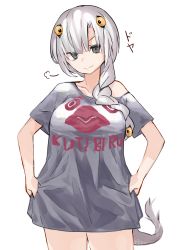 Rule 34 | 1girl, puff of air, bare shoulders, braid, closed mouth, copyright request, doyagao, extra eyes, grey eyes, grey hair, hair over shoulder, highres, looking at viewer, megame (okbnkn), monster girl, naked shirt, shirt, short sleeves, simple background, smile, smug, solo, standing, tail, white background