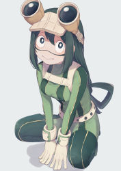 Rule 34 | 10s, 1girl, asui tsuyu, bad id, bad pixiv id, black eyes, black hair, bodysuit, boku no hero academia, breasts, full body, gloves, goggles, goggles on head, grey background, hair between eyes, hair rings, highres, long hair, looking at viewer, medium breasts, no nose, simple background, solo, squatting, very long hair