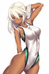 Rule 34 | 1girl, breasts, competition swimsuit, covered navel, cowboy shot, dark skin, dark-skinned female, guilty gear, guilty gear xrd, highleg, highleg swimsuit, highres, long hair, looking at viewer, medium breasts, one-piece swimsuit, ramlethal valentine, simple background, solo, swimsuit, takanashi-a, thigh strap, wet, white background, white hair, white one-piece swimsuit