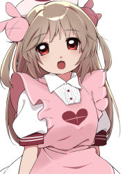 Rule 34 | &gt; &lt;, 1girl, :o, apron, blush, center frills, collared dress, commentary request, dress, frills, hair ornament, hat, heart, heart print, kaijarisuigyo, light brown hair, long hair, looking at viewer, natori sana, nurse cap, open mouth, pink apron, pink hat, puffy short sleeves, puffy sleeves, rabbit hair ornament, red eyes, sana channel, short sleeves, simple background, solo, two side up, upper body, virtual youtuber, white background, white dress