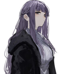 Rule 34 | 1girl, black coat, black robe, blunt bangs, breasts, coat, cut bangs, dress, expressionless, eyelashes, fern (sousou no frieren), hair behind ear, hair over breasts, highres, large breasts, long hair, looking at viewer, looking to the side, open clothes, open coat, pikuson, purple eyes, purple hair, robe, sidelocks, solo, sousou no frieren, straight hair, white dress