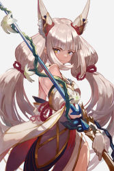Rule 34 | 1girl, animal ear fluff, animal ears, bare shoulders, blue gemstone, blunt bangs, brown eyes, cat ears, cat girl, closed mouth, cowboy shot, detached sleeves, flower, from behind, gem, gloves, grey background, highres, holding, holding sword, holding weapon, long hair, long sleeves, looking at viewer, looking back, low twintails, nia (blade) (xenoblade), nia (xenoblade), nintendo, niyah, rope, shimenawa, sidelocks, silver hair, simple background, smile, solo, spoilers, sword, twintails, very long hair, vic (vedream), weapon, white flower, white gloves, xenoblade chronicles (series), xenoblade chronicles 2