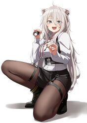 Rule 34 | 1girl, absurdres, animal ears, ankle boots, black footwear, black pantyhose, black shorts, bolo tie, boots, breasts, chest harness, collared shirt, fangs, flashlight, grey hair, harness, highres, holding, holding flashlight, holding key, hololive, key, kneeling, large breasts, legwear garter, lion ears, lion girl, long hair, long sleeves, looking at viewer, official alternate costume, open mouth, pantyhose, shinomu (cinomoon), shirt, shishiro botan, shishiro botan (button-down), shoes, short shorts, shorts, solo, thigh strap, underbust, virtual youtuber, white shirt