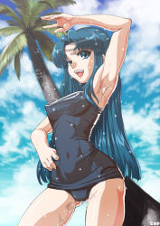 Rule 34 | 1girl, armpits, asakura ryouko, blue eyes, blue hair, blue one-piece swimsuit, breasts, cameltoe, chuunenpi, day, covered erect nipples, hand on own hip, long hair, matching hair/eyes, medium breasts, one-piece swimsuit, outdoors, palm tree, raised eyebrow, school swimsuit, shading eyes, solo, suzumiya haruhi no yuuutsu, swimsuit, taut clothes, taut swimsuit, tree, wet, wet hair