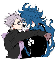Rule 34 | 2boys, ahoge, arms on another&#039;s shoulder, azul ashengrotto, blue hair, blue lips, evil smile, fiery hair, furrowed brow, glasses, gloves, grey hair, hand on another&#039;s chin, highres, idia shroud, isofu, multiple boys, scarf, short hair, smile, twisted wonderland, undercut, yaoi