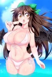 Rule 34 | 1girl, alternate costume, bikini, bird wings, black wings, blush, bow, breasts, brown eyes, brown hair, bwell, cameltoe, cleavage, commentary request, control rod, covered erect nipples, cowboy shot, food, front-tie bikini top, front-tie top, green bow, highres, holding, holding food, large breasts, lens flare, long hair, ocean, open mouth, popsicle, reiuji utsuho, side-tie bikini bottom, solo, swimsuit, tongue, tongue out, touhou, water, white bikini, wings