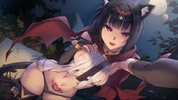 Rule 34 | 1girl, animal ears, arm up, artist request, black gloves, black hair, black panties, black thighhighs, breasts, bridal gauntlets, cat ears, cat tail, cloak, cowboy shot, dutch angle, elbow gloves, fang, fingerless gloves, foreshortening, full moon, game cg, gloves, gluteal fold, hair ornament, hand on own chest, highres, jewelry, lips, looking at viewer, medium breasts, moon, navel, necklace, night, nipples, non-web source, open mouth, outdoors, panties, pink eyes, pubic tattoo, revealing clothes, see-through, short hair, side-tie panties, sky, smile, solo, tail, tail ornament, tattoo, thighhighs, torn clothes, underwear, wish (momentum games)