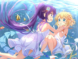 Rule 34 | 2girls, absurdres, air bubble, angelfish, animal, bare arms, bare shoulders, barefoot, blonde hair, blue eyes, blue flower, bubble, clownfish, commentary request, covered mouth, dress, eye contact, feet out of frame, fish, flower, gochuumon wa usagi desu ka?, hair between eyes, hair flower, hair ornament, hands up, highres, kirima syaro, long hair, looking at another, multiple girls, pink flower, pleated dress, ponytail, purple eyes, purple hair, sleeveless, sleeveless dress, stick jitb, surgeonfish, tedeza rize, tropical fish, underwater, very long hair, white dress
