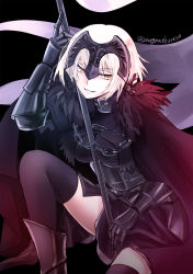 Rule 34 | 1girl, armor, armored boots, armored dress, between breasts, black skirt, blonde hair, boots, breasts, cape, capelet, chain, fate/grand order, fate (series), flag, gauntlets, headpiece, jeanne d&#039;arc (fate), jeanne d&#039;arc alter (avenger) (fate), jeanne d&#039;arc alter (avenger) (first ascension) (fate), jeanne d&#039;arc alter (fate), kneeling, looking down, medium breasts, omizu (omz), on one knee, short hair, skirt, smile, solo, thighhighs, twitter username, yellow eyes