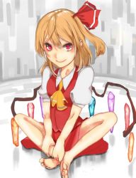 Rule 34 | 1girl, ascot, barefoot, blonde hair, bow, crystal, flandre scarlet, hair bow, indian style, nurupo (abooon), red eyes, side ponytail, sitting, solo, touhou, wings