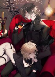 Rule 34 | 2boys, absurdres, blonde hair, brown hair, champagne bottle, cup, den (xxxswampmanxxx), dual persona, head rest, highres, holding, holding cup, looking at viewer, low ponytail, lying, medium hair, multiple boys, on lap, on stomach, parted lips, scar, scar on face, short hair, slow damage, teeth, towa (slow damage), yellow eyes