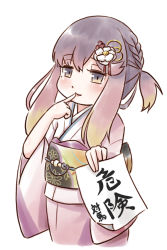 Rule 34 | 1girl, calligraphy, commentary request, finger to mouth, gradient hair, hair ornament, japanese clothes, kantai collection, karasu (naoshow357), kimono, looking at viewer, multicolored hair, orange hair, paper, purple hair, purple kimono, short hair, short hair with long locks, solo, translation request, tsushima (kancolle)