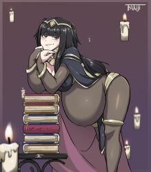 Rule 34 | 1girl, absurdres, bent over, black eyes, black hair, blush, bodystocking, book, breasts, candle, cape, cleavage, come hither, covered navel, female focus, fire emblem, fire emblem awakening, highres, large breasts, long hair, looking at viewer, matching hair/eyes, nail polish, naughty face, navel, nintendo, pregnant, solo, tharja (fire emblem), tsukijitums