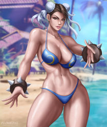 Rule 34 | 1girl, bikini, blurry, blurry background, breasts, brown hair, capcom, chun-li, commission, flowerxl, green eyes, looking at viewer, navel, parted lips, pinup (style), standing, street fighter, swimsuit, thighs