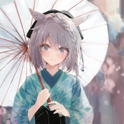 Rule 34 | 1girl, :3, animal ears, black sash, blue kimono, blush, braid, closed mouth, commentary, commission, english commentary, eyelashes, eyes visible through hair, final fantasy, final fantasy xiv, grey eyes, grey hair, hair between eyes, hand up, highres, holding, holding umbrella, japanese clothes, kimono, long sleeves, looking at viewer, medium hair, nujii, oil-paper umbrella, sash, single braid, smile, solo, straight-on, umbrella, upper body, warrior of light (ff14), wide sleeves