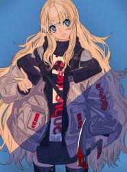 Rule 34 | 1girl, blonde hair, blue background, blue eyes, blunt bangs, cogecha, cowboy shot, grey jacket, highres, holding, holding weapon, jacket, long hair, long sleeves, looking at viewer, open mouth, original, pocket, pointy ears, radiation symbol, sidelocks, simple background, smile, solo, supreme (brand), v, very long hair, weapon