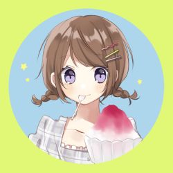 Rule 34 | 1girl, bad id, bad pixiv id, blue background, blush, bowl, braid, brown hair, closed mouth, collarbone, commentary request, food, green background, hachimitsu honey, hair ornament, hairclip, looking at viewer, mouth hold, original, plaid, purple eyes, shaved ice, smile, solo, star (symbol), starry background, swept bangs, twin braids, two-tone background, utensil in mouth