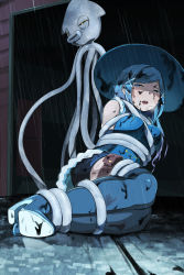 Rule 34 | 1girl, absurdres, bare shoulders, bdsm, blue eyes, blue hair, bondage, boots, bound, breasts, defeat, hat, highres, ink, large breasts, long hair, magical girl, mahou shoujo western girls, original, restrained, seibu aoi, sharpffffff, squid, tentacles