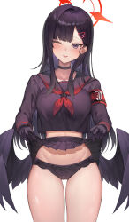 Rule 34 | 1girl, absurdres, armband, black choker, black eyes, black gloves, black hair, black panties, black sailor collar, black serafuku, black skirt, black wings, blue archive, blush, choker, clothes lift, cowboy shot, feathered wings, gloves, hair ornament, hairclip, halo, highres, ichika (blue archive), lifting own clothes, long sleeves, low wings, neckerchief, one eye closed, open mouth, panties, pengrani, pleated skirt, red armband, red halo, red neckerchief, safety pin, sailor collar, school uniform, serafuku, simple background, skirt, skirt lift, smile, solo, underwear, white background, wings