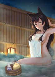 Rule 34 | 1girl, absurdres, alcohol, animal ears, arm up, atago (azur lane), azur lane, bad id, bad pixiv id, black hair, blush, bottle, breasts, brown eyes, bucket, chan&#039;nu, closed mouth, covering privates, cup, extra ears, highres, lamp, large breasts, long hair, looking at viewer, manjuu (azur lane), mole, mole under eye, naked towel, night, night sky, nude cover, onsen, outdoors, sake, sake bottle, sitting, sky, smile, steam, towel, tree, water, wet towel, white towel, wooden bucket