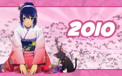 Rule 34 | 10s, 1girl, 2010, 7-tan, blue eyes, blue hair, cat, cherry blossoms, dos cat, english text, facing viewer, full body, hair ornament, hairband, hairclip, happy new year, hatsuyume, highres, japanese clothes, kimono, looking at viewer, madobe nanami, matching hair/eyes, microsoft windows, mount fuji, mountain, new year, obi, official art, official wallpaper, os-tan, sash, seiza, short hair, sitting, smile, solo, wakaba sprout, windows 7