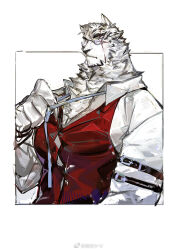 Rule 34 | 1boy, alternate costume, animal ears, arknights, arm belt, bara, bespectacled, blue eyes, blue necktie, bursting pectorals, collared shirt, facial hair, formal, furry, furry male, glasses, goatee, large hands, large pectorals, loose necktie, male focus, mountain (arknights), muscular, muscular male, necktie, pectorals, pipidan, red vest, scar, scar across eye, shirt, short hair, solo, thick eyebrows, tiger boy, tiger ears, undressing, upper body, vest, white fur, white hair