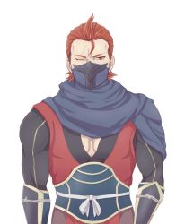Rule 34 | 1boy, armor, blue scarf, closed mouth, fire emblem, fire emblem fates, fire emblem heroes, looking to the side, male focus, mouth mask, muscular, ninja, ninja mask, nintendo, pectorals, red eyes, red hair, ribbon, saizo (fire emblem), scar, scar across eye, scar on face, scarf, upper body, wasabi kame