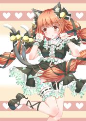 Rule 34 | 1girl, adapted costume, animal ears, bell, black dress, blush, bow, braid, cat ears, cat tail, dress, frilled dress, frills, hair bell, hair bow, hair ornament, hair ribbon, heart, highres, kaenbyou rin, leg ribbon, long hair, multiple tails, nekomata, paw pose, puffy short sleeves, puffy sleeves, red eyes, red hair, ribbon, short sleeves, smile, solo, standing, standing on one leg, tail, tail bell, tail bow, tail ornament, thigh strap, tongue, tongue out, touhou, twin braids, very long hair, wrist cuffs, xiao yinbie