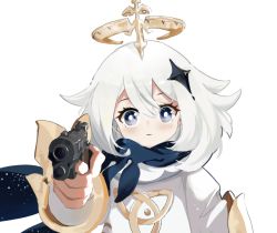 Rule 34 | 1girl, aiming, aiming at viewer, blue eyes, blue scarf, bright pupils, commentary, derivative work, discoshoujo, english commentary, genshin impact, gun, hair between eyes, halo, handgun, holding, holding gun, holding weapon, meme, paimon (genshin impact), pistol, scarf, solo, weapon, white background, white hair, white pupils