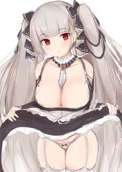 Rule 34 | 1girl, azur lane, bare shoulders, between breasts, black dress, blunt bangs, blush, breasts, cleavage, closed mouth, clothes lift, dress, dress lift, formidable (azur lane), frilled dress, frills, garter belt, garter straps, grey hair, hair ribbon, highres, john zhang, large breasts, long hair, looking at viewer, panties, red eyes, ribbon, simple background, solo, thighs, two-tone dress, two-tone ribbon, underwear, white panties
