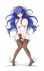 Rule 34 | 1girl, bad id, bad pixiv id, blue eyes, blue hair, blush, breasts, clothes pull, covering privates, covering crotch, echizen (hvcv), fire emblem, fire emblem: the binding blade, hat, highres, lilina (fire emblem), long hair, lying, matching hair/eyes, medium breasts, navel, nintendo, nipples, nude, on back, open mouth, pantyhose, pantyhose pull, pussy, smile, solo, sweat, uncensored