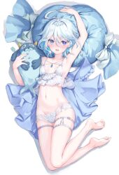 Rule 34 | 1girl, arm up, armpits, blue eyes, blue nails, blue shirt, blush, breasts, collarbone, drop-shaped pupils, from above, full body, furina (genshin impact), genshin impact, gloves, heterochromia, highres, holding, holding stuffed toy, leg up, lingerie, looking at viewer, navel, on pillow, open mouth, panties, parufeito, shirt, short hair, small breasts, soles, solo, stomach, stuffed toy, symbol-shaped pupils, thigh strap, underwear, underwear only, unworn shirt, wavy hair, white background, white gloves, white panties